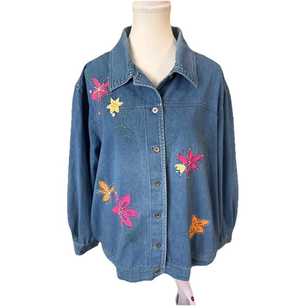 alfred dunner denim jacket Size 18w Embroidered Flowers CottageCore Y2K Indie